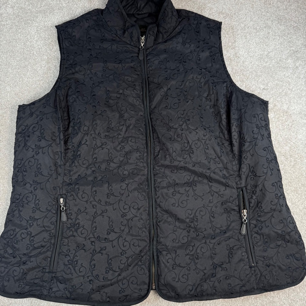 Eddie Bauer Womens 3X Black Embroidered Goose Down Puffer Vest Floral Full Zip